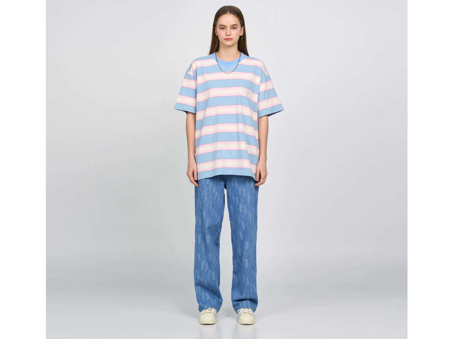 acmé de la vie SCRIPT LOGO STRIPE Short Sleeve T-Shirt (SKYBLUE)