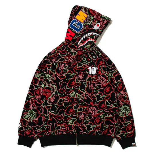 BAPE X 88Rising Glow In The Dark Camo Shark  Full Zip Hoodie (RED)