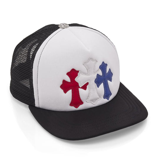 Chrome Hearts Red White Blue Triple Cross Trucker Hat (BLACK/WHITE)