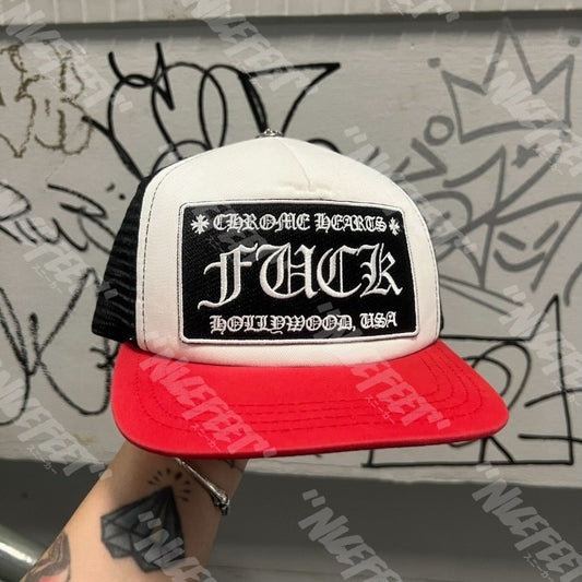 Chrome Hearts FUCK Hollywood Trucker Hat (RED/BLACK/WHITE)