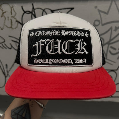 Chrome Hearts FUCK Hollywood Trucker Hat (RED/BLACK/WHITE