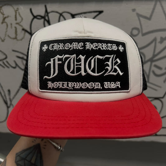 Chrome Hearts FUCK Hollywood Trucker Hat (RED/BLACK/WHITE)