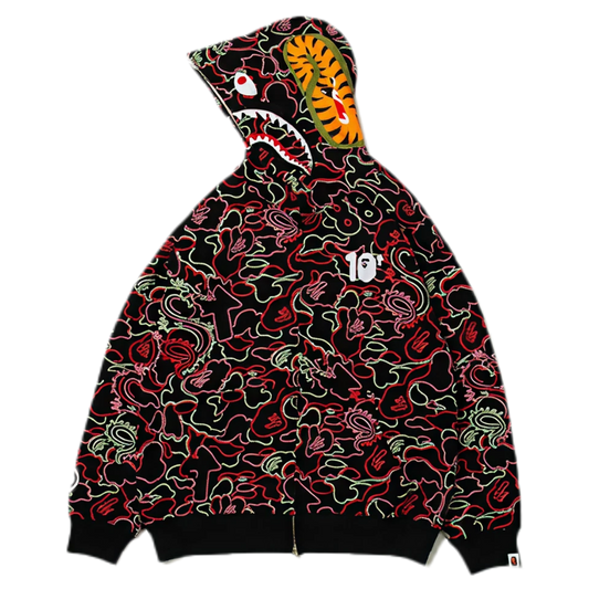 BAPE X 88Rising Glow In The Dark Camo Shark  Full Zip Hoodie (RED)